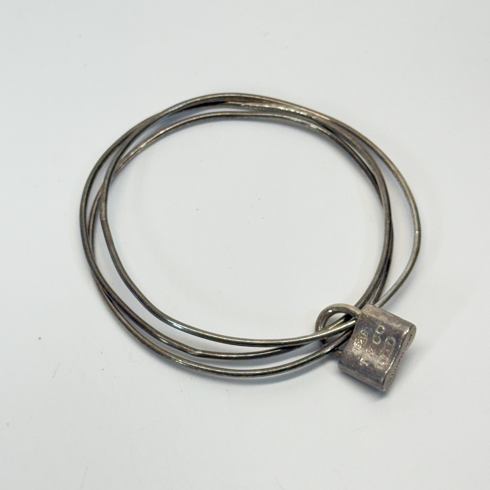 Tiffany & Co. Padlock 1837 Silver 925 Charm Triple Wire Bangle Bracelet